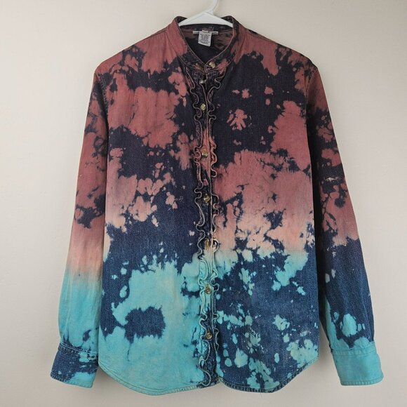 COTTON Tie Dye Western Shirt Womens S Boho Button Blouse JONES JEANS brand Long - Picture 2 of 12